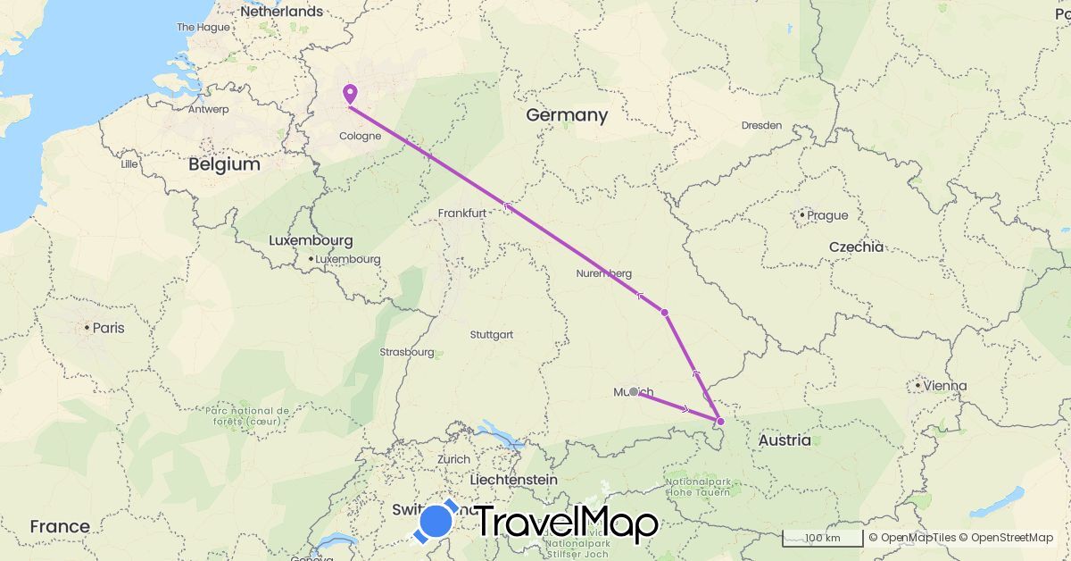 TravelMap itinerary: plane, train in Austria, Germany (Europe)